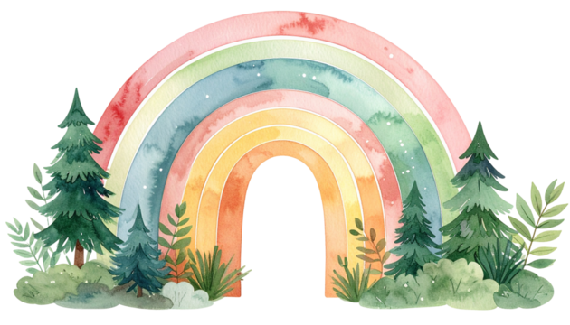 Watercolor rainbow arching over stylized forest elements