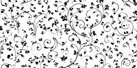 Black floral vines and foliage scattered on white background © Roseanna
