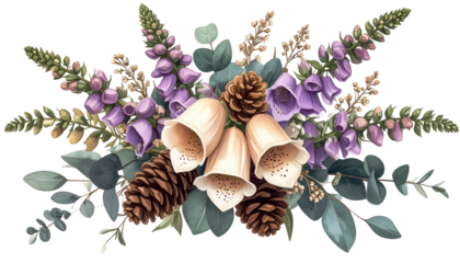 Floral arrangement with foxgloves, pinecones, and eucalyptus leaves, elegant design