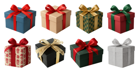 PNG Colorful gift boxes with ribbons, element set on transparent background
