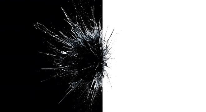 Abstract liquid splash on a split black and white background dynamic burst modern design element