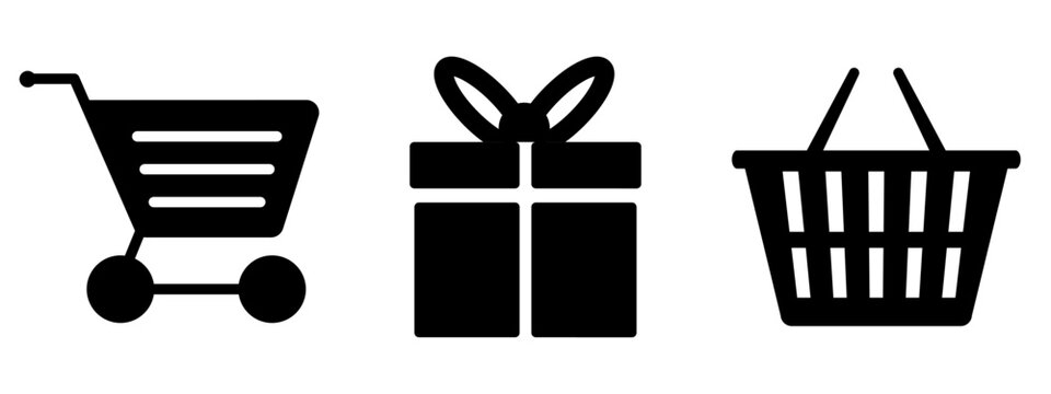 Black Friday Shopping Icons Set – Black Cart, Gift Box, and Basket Symbols – Minimalist E-Commerce Vector Graphics for Sale Promotions, Holiday Discounts, Retail Offers, and Online Store Marketing
