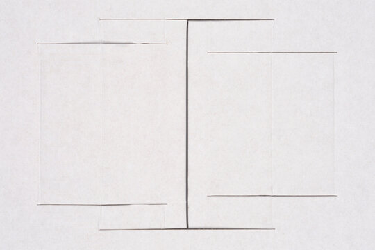 An overhead full-frame view of a flat-laid, empty white cardboard packaging insert showing a precise, symmetrical, T-shaped cut and fold lines