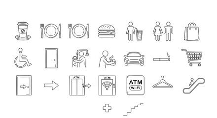 Set of public service icons simple line vector symbols for navigation and signage isolated on white 