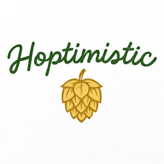 "Hoptimistic" green textured script font with a golden hop cone. Cheerful design for craft beer brands, breweries, homebrewers, celebrating hops & optimistic spirit. Ideal for merchandise, b