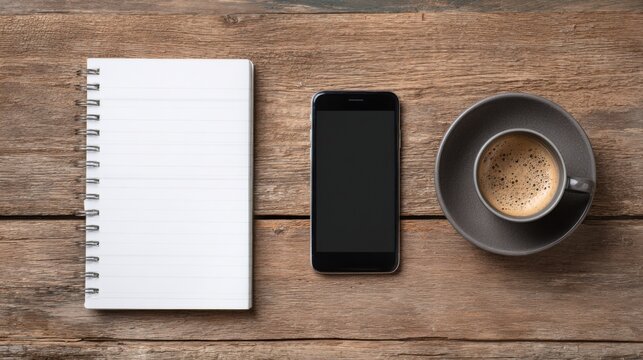 Coffee break with smartphone and notebook on wooden table