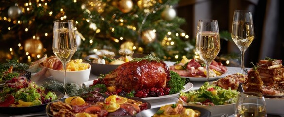 Fototapeta premium The roast ham centerpiece surrounded by festive holiday dishes, glasses, and ornaments