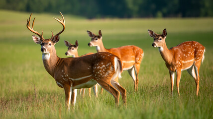 A nature photograph of four white-tailed deer standing in a grassy field during golden hour. In the foreground,