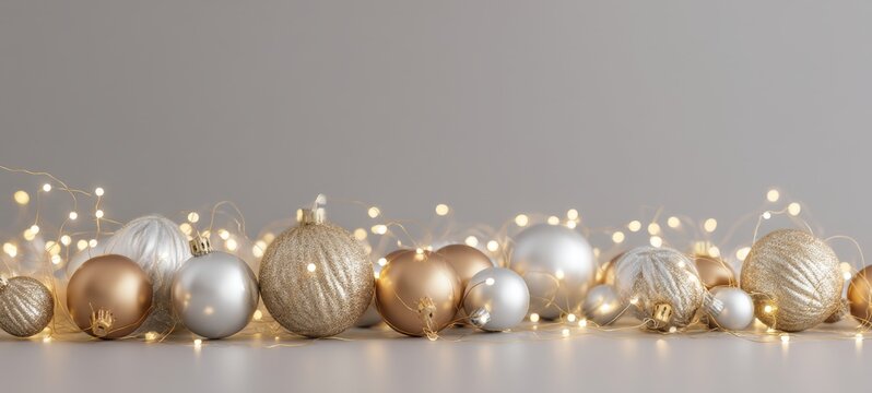 Elegant Christmas background with golden and silver ornaments on light gray backdrop, soft lighting, glowing fairy lights, clean minimalist layout, ample space for headline text, ultra-detailed, high 