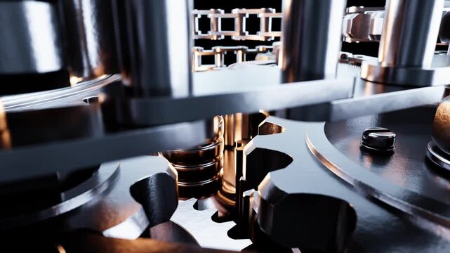 Intricate clockwork mechanism with metallic gears and cogs rotating, showcasing industrial precision and engineering