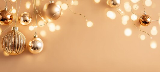 Obraz premium Elegant Christmas background with gold ornaments on warm light-gold and champagne backdrop, soft reflective lighting, high-resolution photography, premium quality, ample space for headline text, ultra