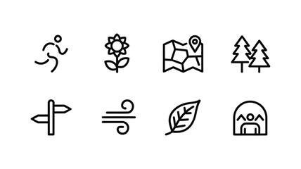 Simple outline icons representing outdoor activities and nature elements