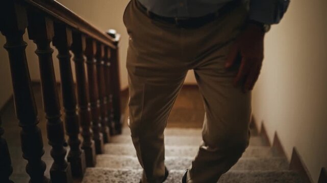 An elderly man carefully climbs carpeted stairs, holding the railing for support due to noticeable knee discomfort.