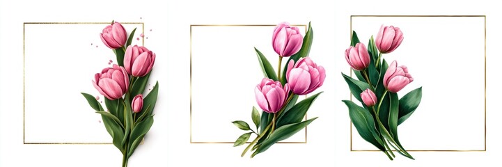 Fototapeta premium Elegant Pink Tulip Floral Arrangements with Golden Frames on White Background