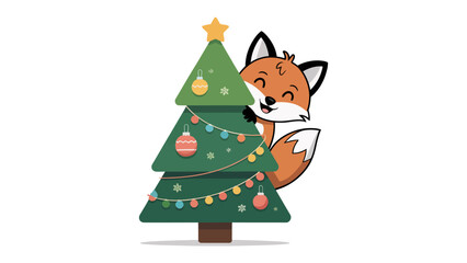 Christmas Fox with Festive Cheer: A cute fox peeks playfully from behind a decorated Christmas tree, exuding holiday cheer. The scene is joyful and vibrant, perfect for seasonal greetings.