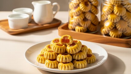 Kue nastar or pineapple tart. indonesian eid snack (kue lebaran). on a white plate. bright mood style. perfect for recipe, article, catalogue, or any commercial purposes.