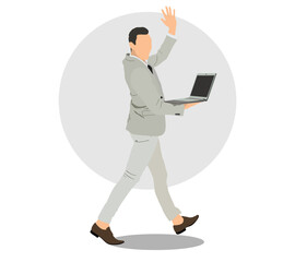 Vector illustration of portrait of business man standing with laptop.