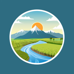 Stunning mountain landscape with vibrant river and sunlit fields for scenic backgrounds and logo