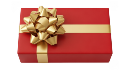 Red gift box with gold bow, isolated on transparent background, png