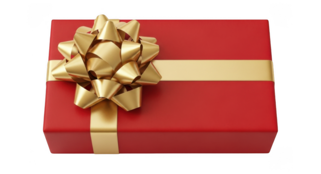 Red gift box with gold bow, isolated on transparent background, png