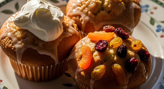  Stunningly presented apricot-topped muffins with creamy white frosting arranged on an elegant decorative ceramic plate, combining traditional fruit flavors with sophisticated plating for premium ente