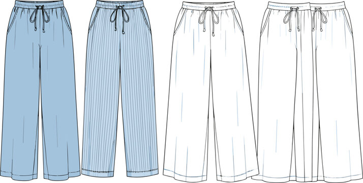 Women&rsquo;s pajama pants technical flat sketch, cropped length drawstring trousers, front and back views, relaxed loungewear fashion design, vector apparel illustration, white background