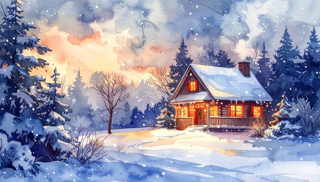 dipinto di casa a tema natalizio e invernale