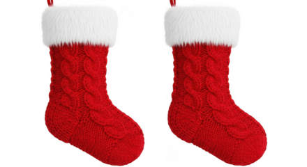 Two red knitted christmas stockings isolated on transparent background, png
