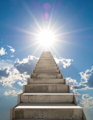 Staircase leading to shining sun in the sky, minimalist style, motivational concept of progress and success 