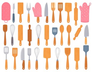 A flat-lay illustration showcases various cooking utensils in a cartoon style, including spatulas, whisks, knives, and rolling pins