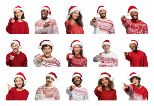 PNG Diverse joyful people celebrating Christmas, element set on transparent background