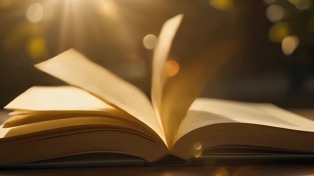 Open book pages flipping quickly with sunlight lens flare and bokeh background