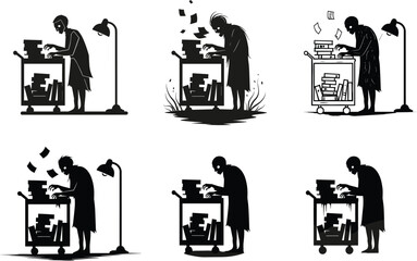 Zombie librarian working late at night with cart full of books, creepy undead reading concept, horror education vector illustration for Halloween theme