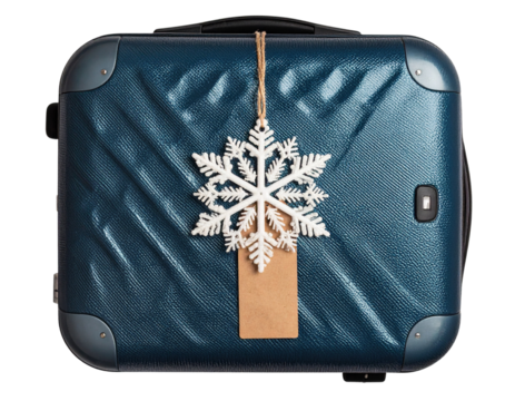 Flat Lay of Winter Suitcase with Snowflake Tag Minimal Festive on Transparent Backgro