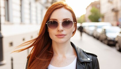  stylish young woman with red hair, wearing sunglasses and a black leather jacket, strolls on a lively urban street 
