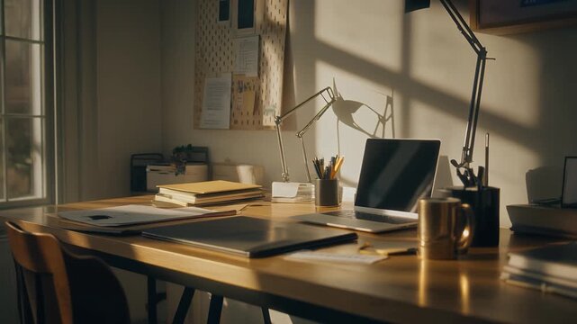 Home Office Desk Setup Morning Sunlight Remote Work Workspace