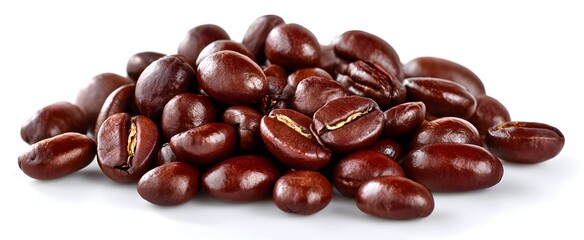The coffee beans closeup display a vibrant glossy texture scattered on a clean white background