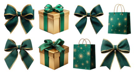 PNG Elegant green and gold gift decorations, element set on transparent background