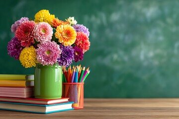 A vibrant bouquet of flowers with school supplies on a wooden desk
