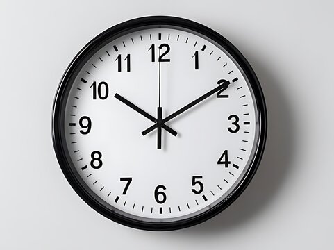 A classic analog wall clock showing approximately ten thirty on a white face