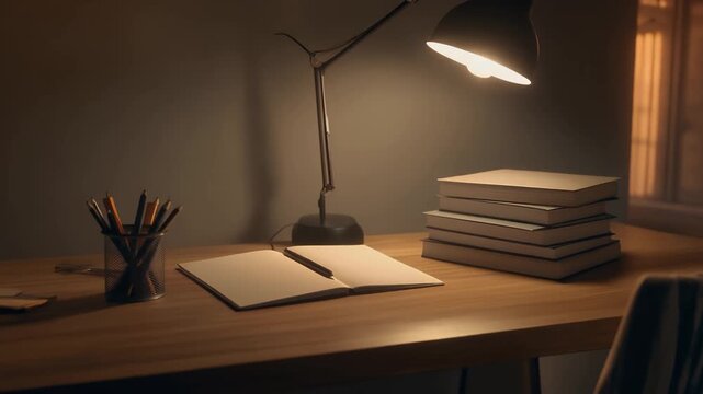 Cozy desk setup illuminated by warm lamp light for late night study or writing