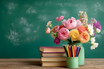 A colorful bouquet of flowers books and pencils on a wooden surface