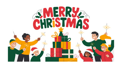 Festive Cheer: A vibrant illustration showcases a diverse group of people celebrating Christmas with glee, surrounded by gifts and sparkling lights.