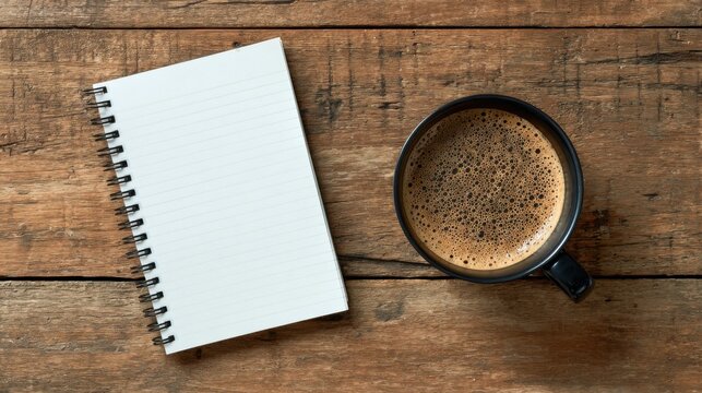 Warm coffee mug and blank notebook on aged wooden desk - Powered by Adobe