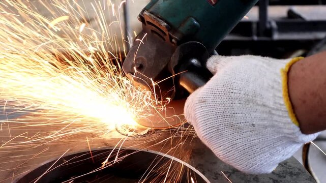 Close-up of a worker wearing a white glove using an angle grinder on a metal surface, creating bright sparks in a manufacturing or repair setting.