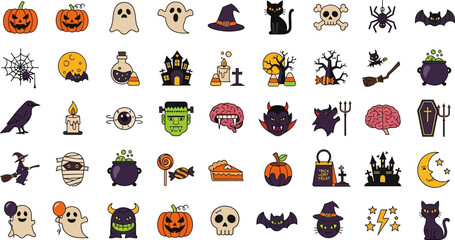 A collection of colorful lineal-style Halloween icons featuring pumpkins, ghosts, witches, vampires, monsters, potions, bats, skulls, candy, haunted houses, and other spooky elements. 