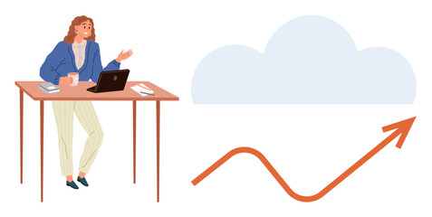 Woman at desk with laptop, discussing growth. Cloud and rising arrow suggest analytics, improvement, development. Ideal for business, strategy, innovation, technology teamwork success progress