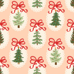 Retro Christmas fir tree preppy coquette bows winter holiday vintage seamless pattern wrap, fabric