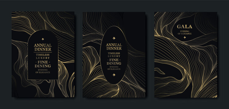 Premium gold background card design, elegant wave lines, abstract patterns, VIP aesthetic, luxury gala invitations. Modern vector template, dark geometric frame for events, invitations
