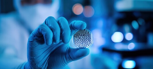 The Wafer Held by a Gloved Technician in a Modern Laboratory Under Blue Lighting